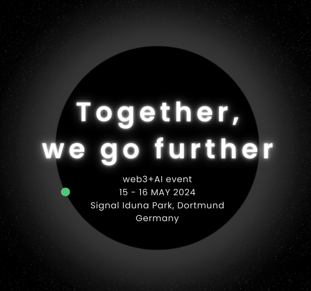 This image in the center shows the motto that promotes participation in the "Conf3rence - web3 arena" 2024 conference (https://conf3rence.com/) in a collaborative model. Together we go further. Finally, the target audience of the conference is specified in writing (web3 and AI), the dates (May 15 and 16, 2024), the venue (Signal Iduna Park), the city (Dortmund) and the country (Germany). Everything on a space background with solar eclipse.